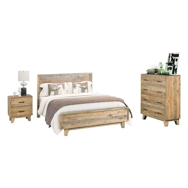 4 Pieces Bedroom Suite Queen Size in Solid Wood Antique Design Light Brown 1X Bed, 2X Bedside Table &1X Tallboy