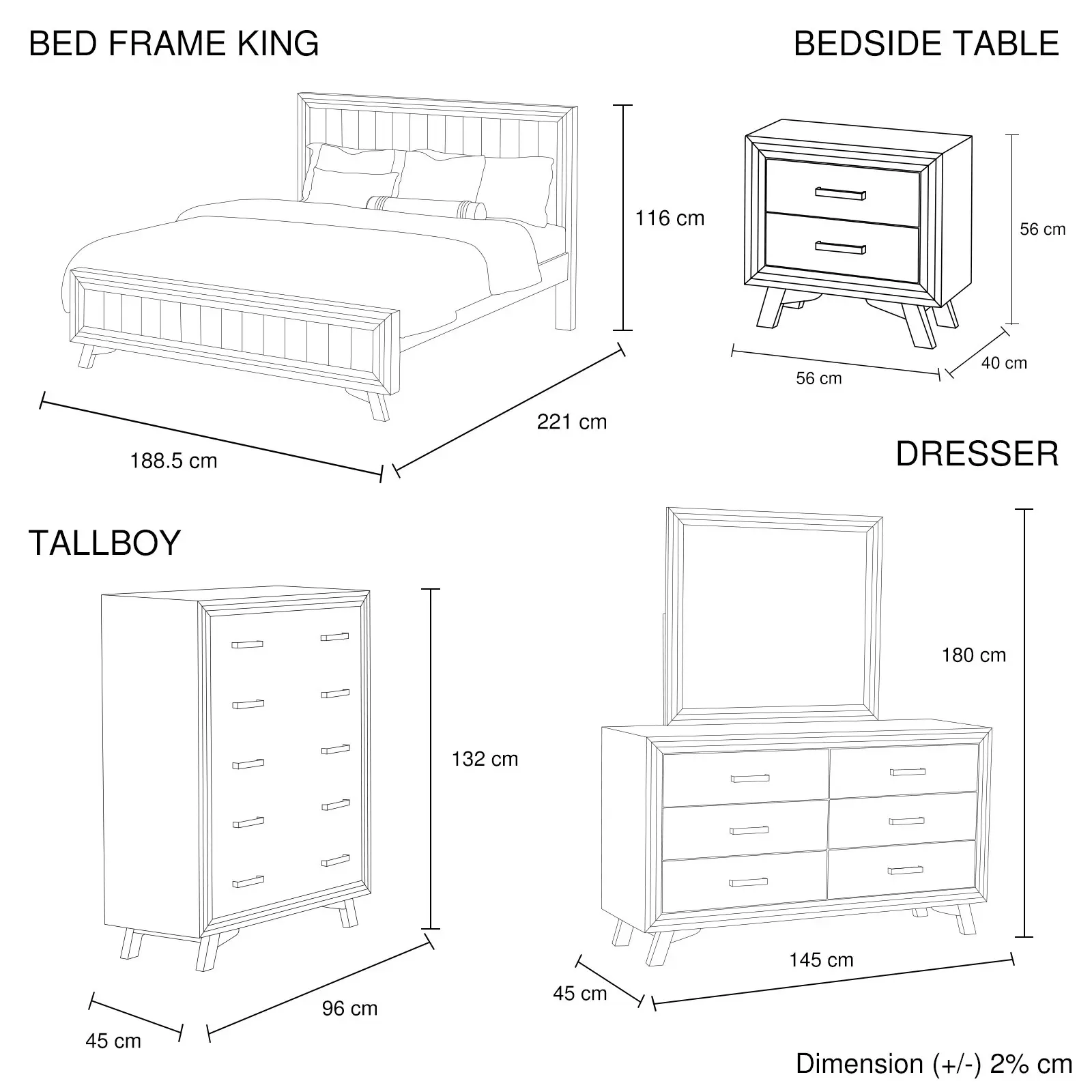 5 Pieces Bedroom Suite King Size Silver Brush in Acacia Wood Construction Bed, Bedside Table, Tallboy & Dresser