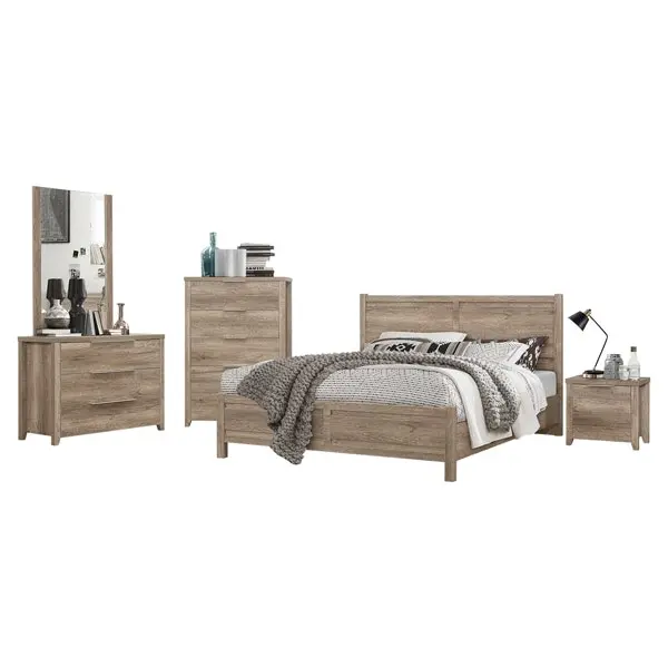 5 Pieces Bedroom Suite Natural Wood Like MDF Structure Double Size Oak Colour Bed, Bedside Table, Tallboy & Dresser