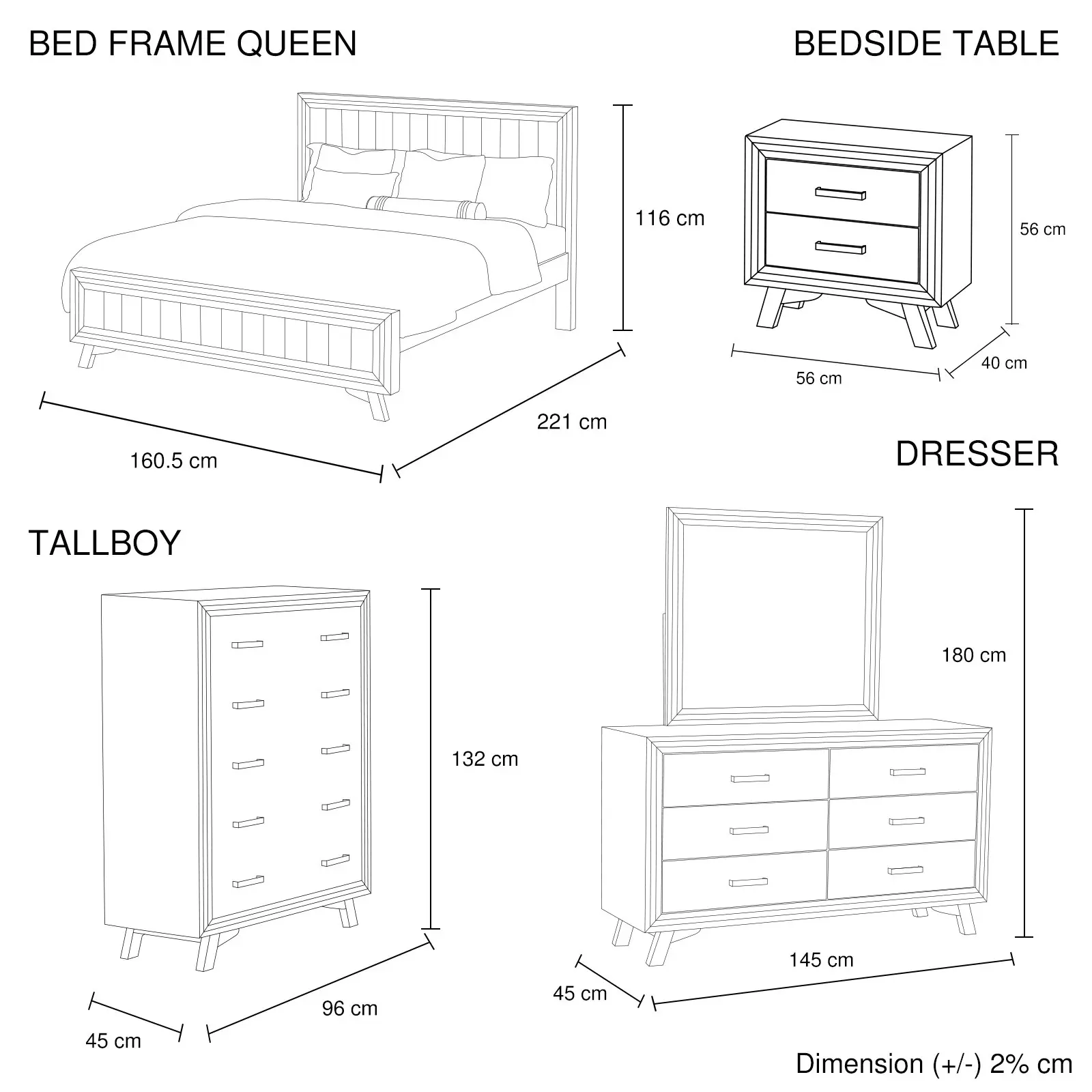 5 Pieces Bedroom Suite Queen Size Silver Brush in Acacia Wood Construction Bed, Bedside Table, Tallboy & Dresser