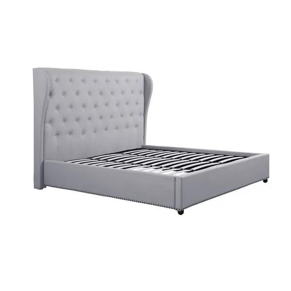 Bed Frame Queen Size in Grey Fabric Upholstered French Provincial High Bedhead