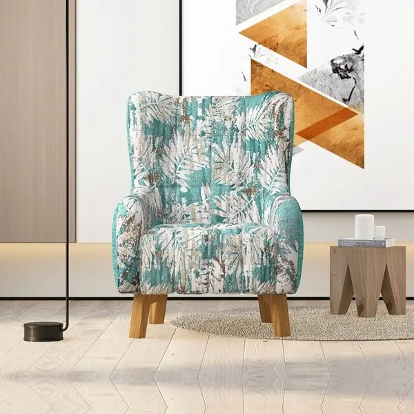 Armchair High back Lounge Accent Chair Designer Printing on Seat Fabric with Wooden Leg