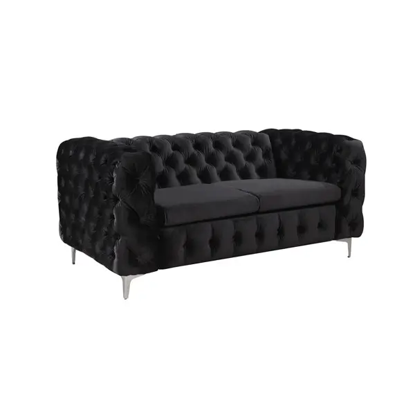 2 Seater Sofa Classic Button Tufted Lounge in Black Velvet Fabric with Metal Legs