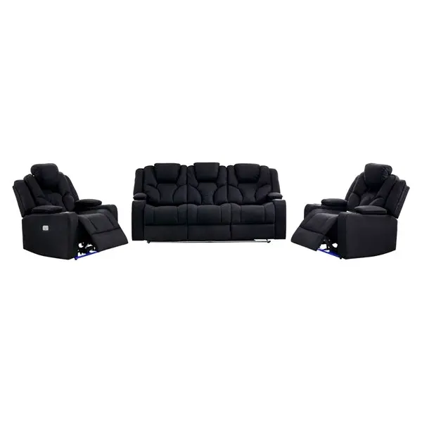 3+1+1 Seater Electric Recliner Stylish Rhino Fabric Black Lounge Armchair with LED Features