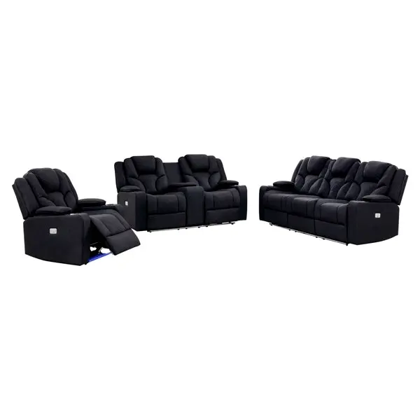 3+2+1 Seater Electric Recliner Stylish Rhino Fabric Black Lounge Armchair with LED Features