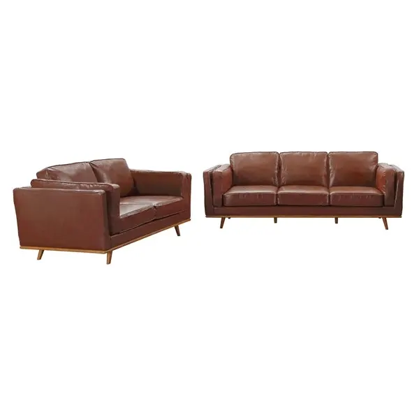 3+2Seater Sofa Brown Leather Lounge Set for Living Room Couch with Wooden Frame