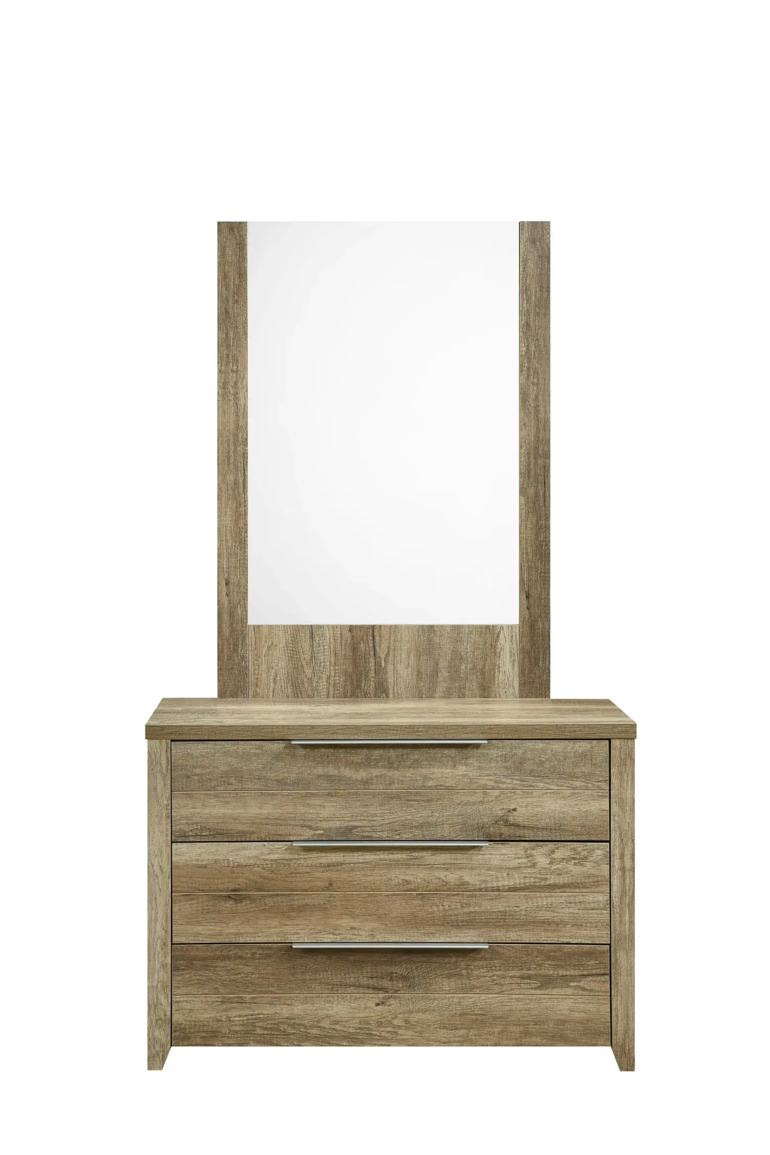 Dresser with 3 Storage Drawers in Natural Wood like MDF in Oak Colour with Mirror