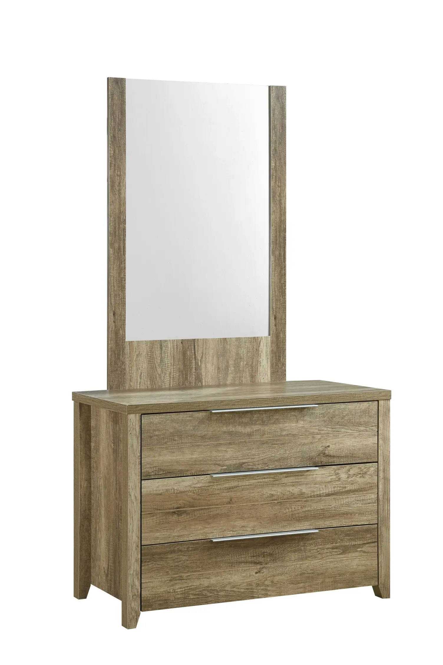 Dresser with 3 Storage Drawers in Natural Wood like MDF in Oak Colour with Mirror