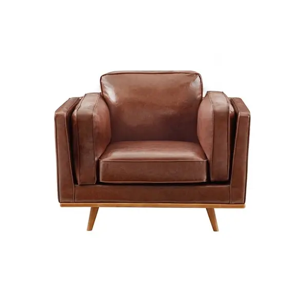 Single Seater Armchair Faux Leather Sofa Modern Lounge Accent Chair in Brown with Wooden Frame