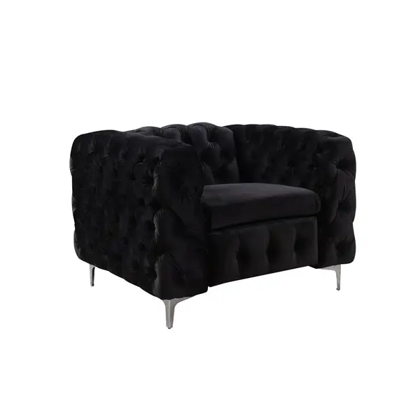 Single Seater Black Sofa Classic Armchair Button Tufted in Velvet Fabric with Metal Legs