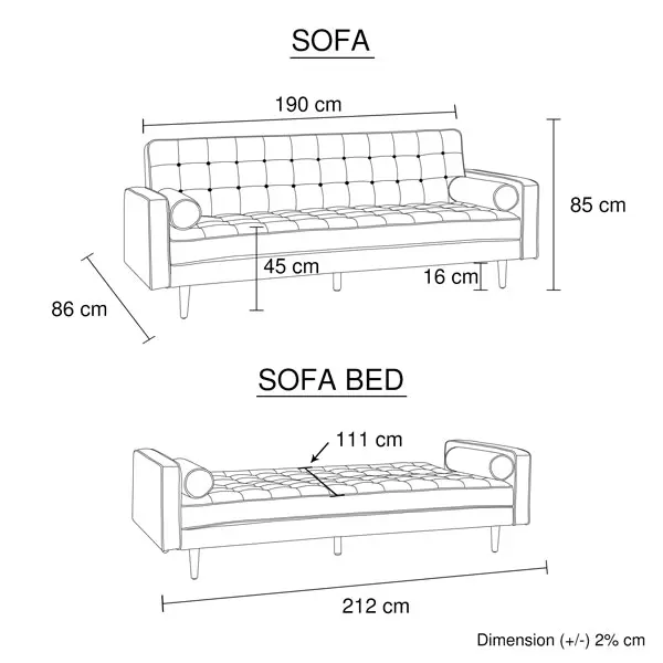 Sofa Bed 3 Seater Button Tufted Lounge Set for Living Room Couch in Velvet Black Colour