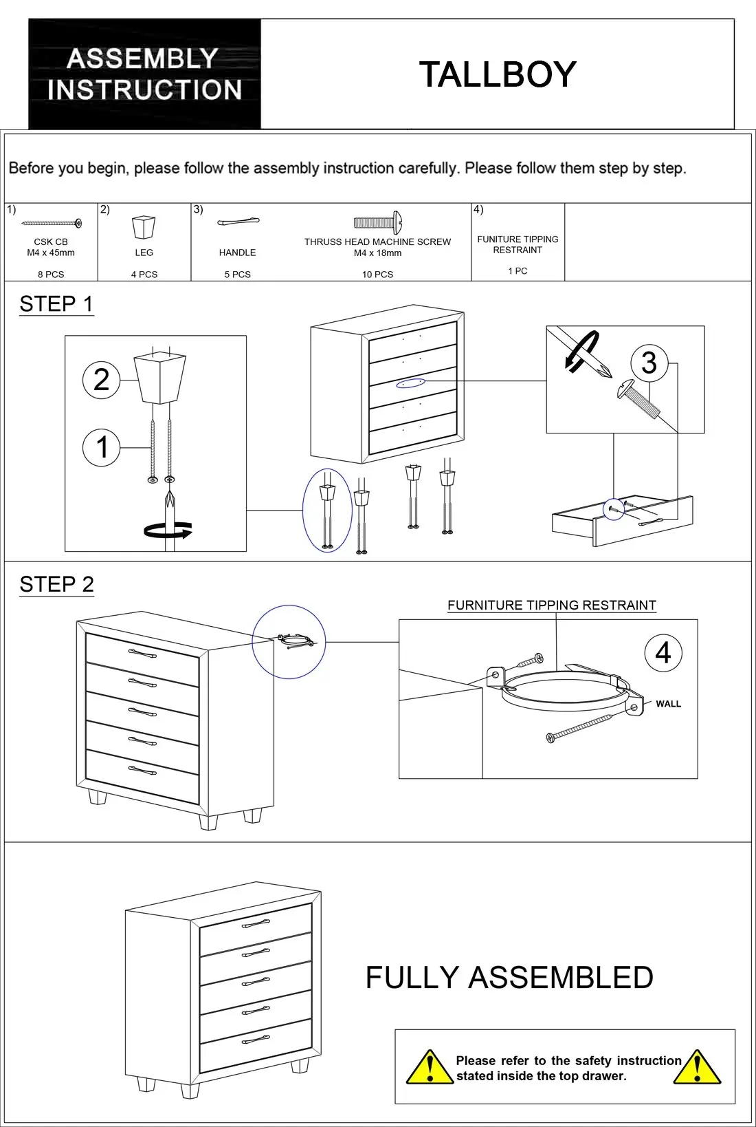 Tallboy with 5 Storage Drawers Assembled Particle board Construction in Grey Colour