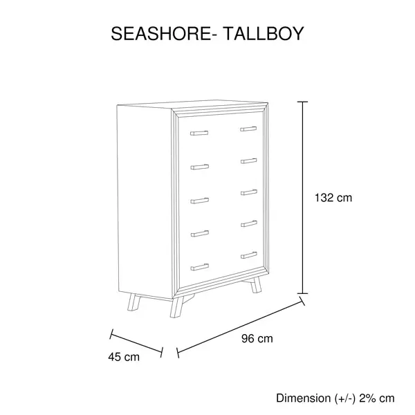 Tallboy with 5 Storage Drawers Solid Acacia Wooden Frame in Silver Brush Colour