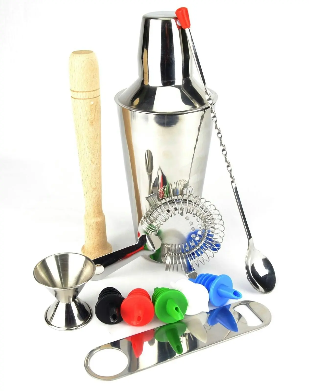 10 Piece Cocktail Shaker Set With Couloured Pourers And A Free Bar Blade