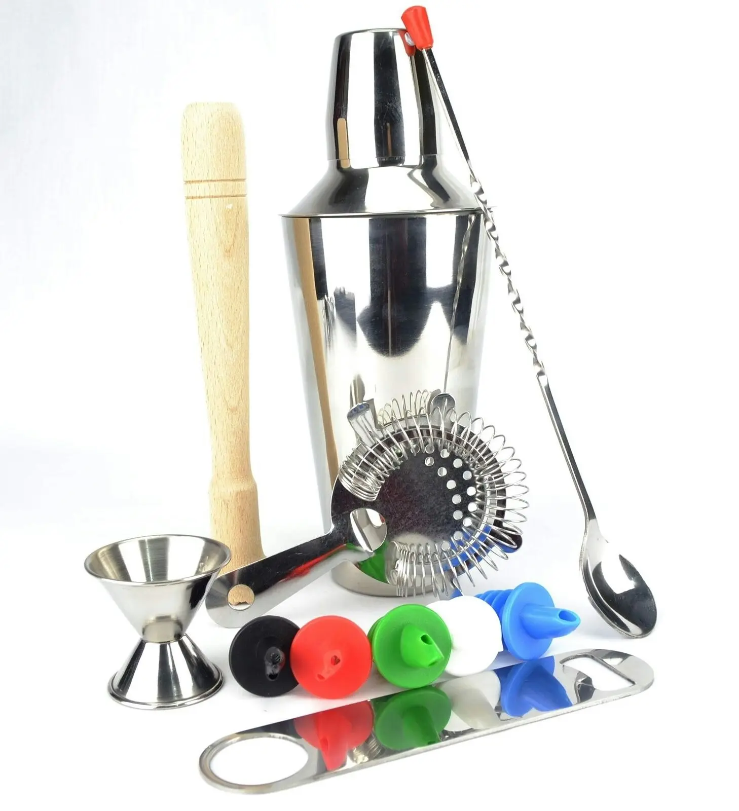 10 Piece Cocktail Shaker Set With Couloured Pourers And A Free Bar Blade