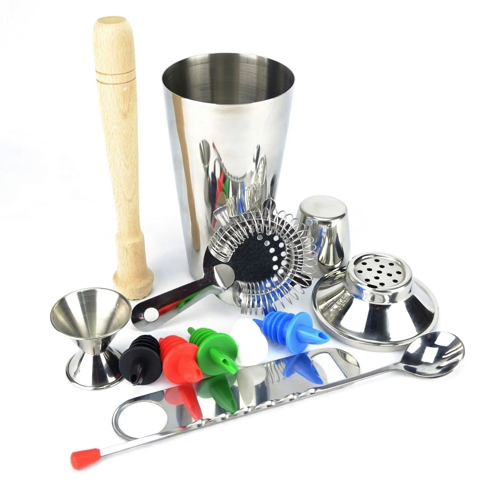 10 Piece Cocktail Shaker Set With Couloured Pourers And A Free Bar Blade