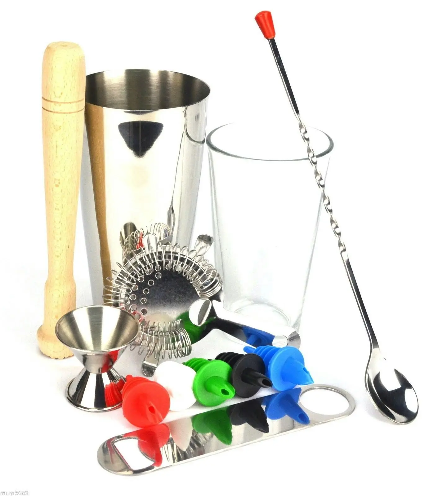 10 Piece Boston Shaker Set With Coloured Pourers