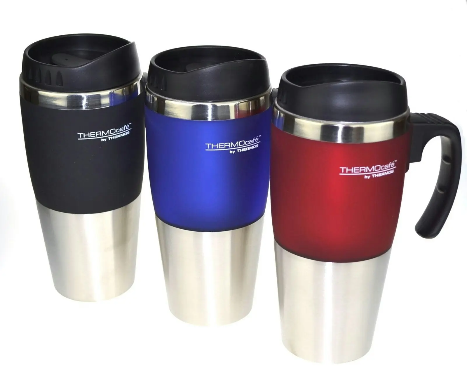 Thermos THERMOCAFE 450ml TRAVEL MUG WITH HANDLE - RED BLUE OR BLACK