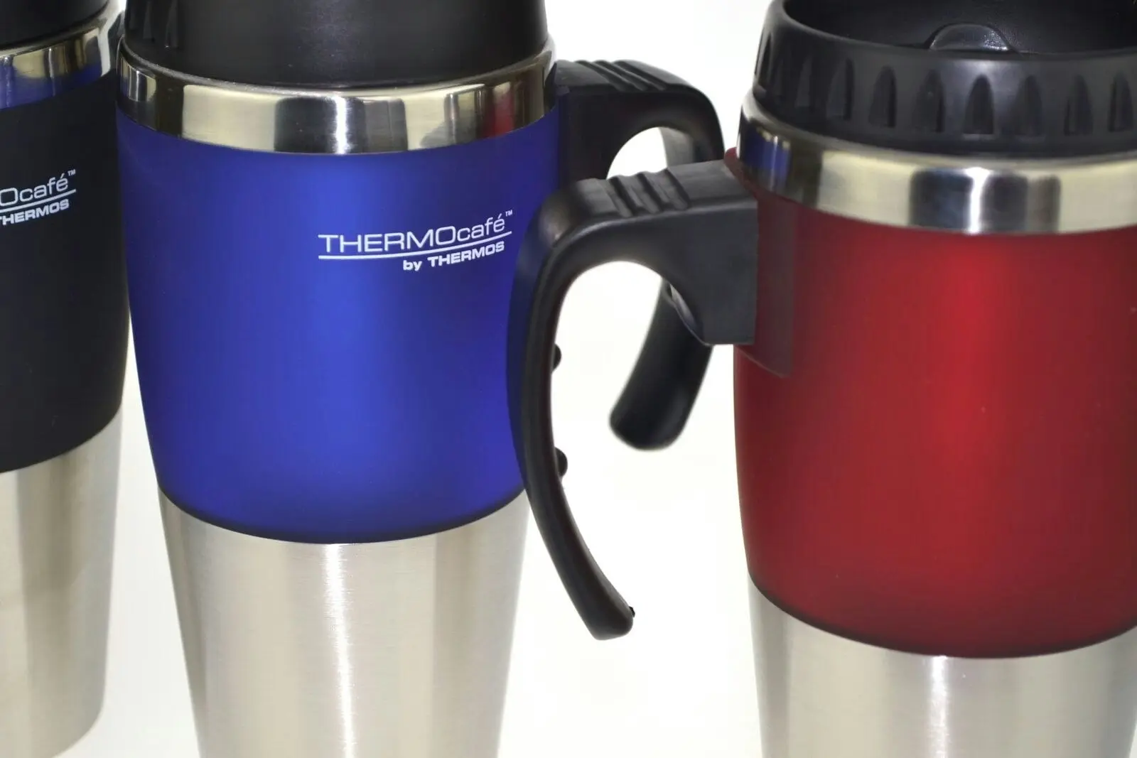 Thermos THERMOCAFE 450ml TRAVEL MUG WITH HANDLE - RED BLUE OR BLACK