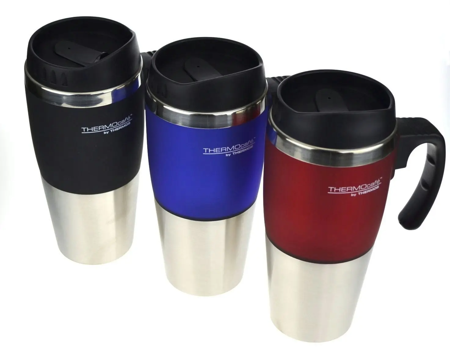 Thermos THERMOCAFE 450ml TRAVEL MUG WITH HANDLE - RED BLUE OR BLACK