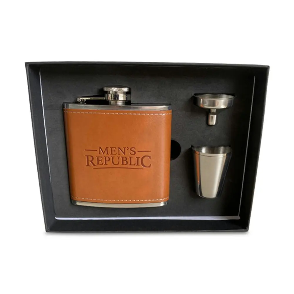 Men's Republic Stainless Steel Hip Flask Set   Brown