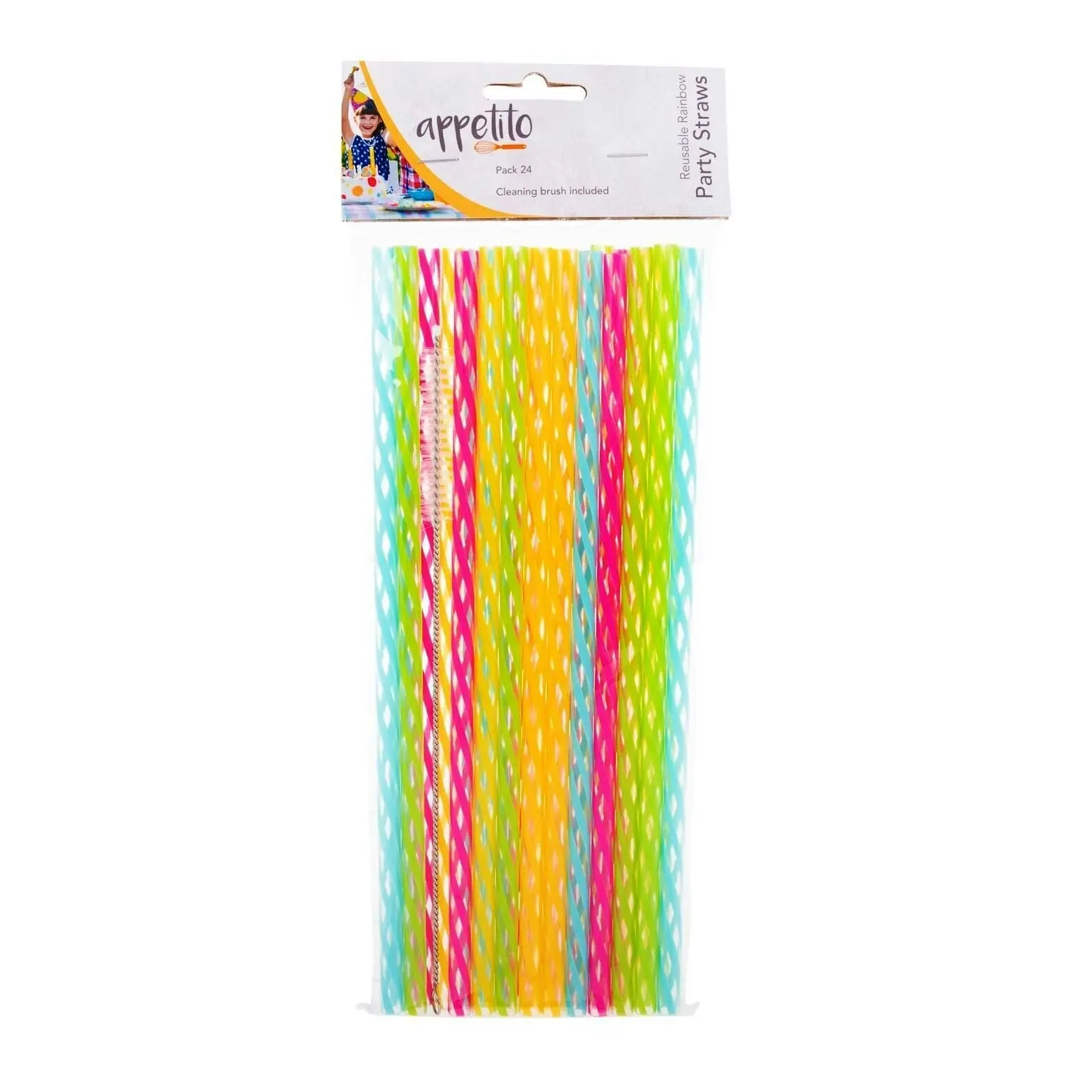 Appetito Set 24 Reusable Rainbow Party Straws + Cleaning Brush