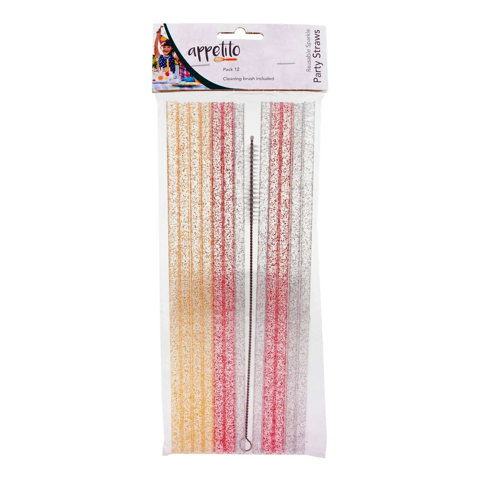 Appetito Set 12 Reusable Sparkle Party Straws + Cleaning Brush