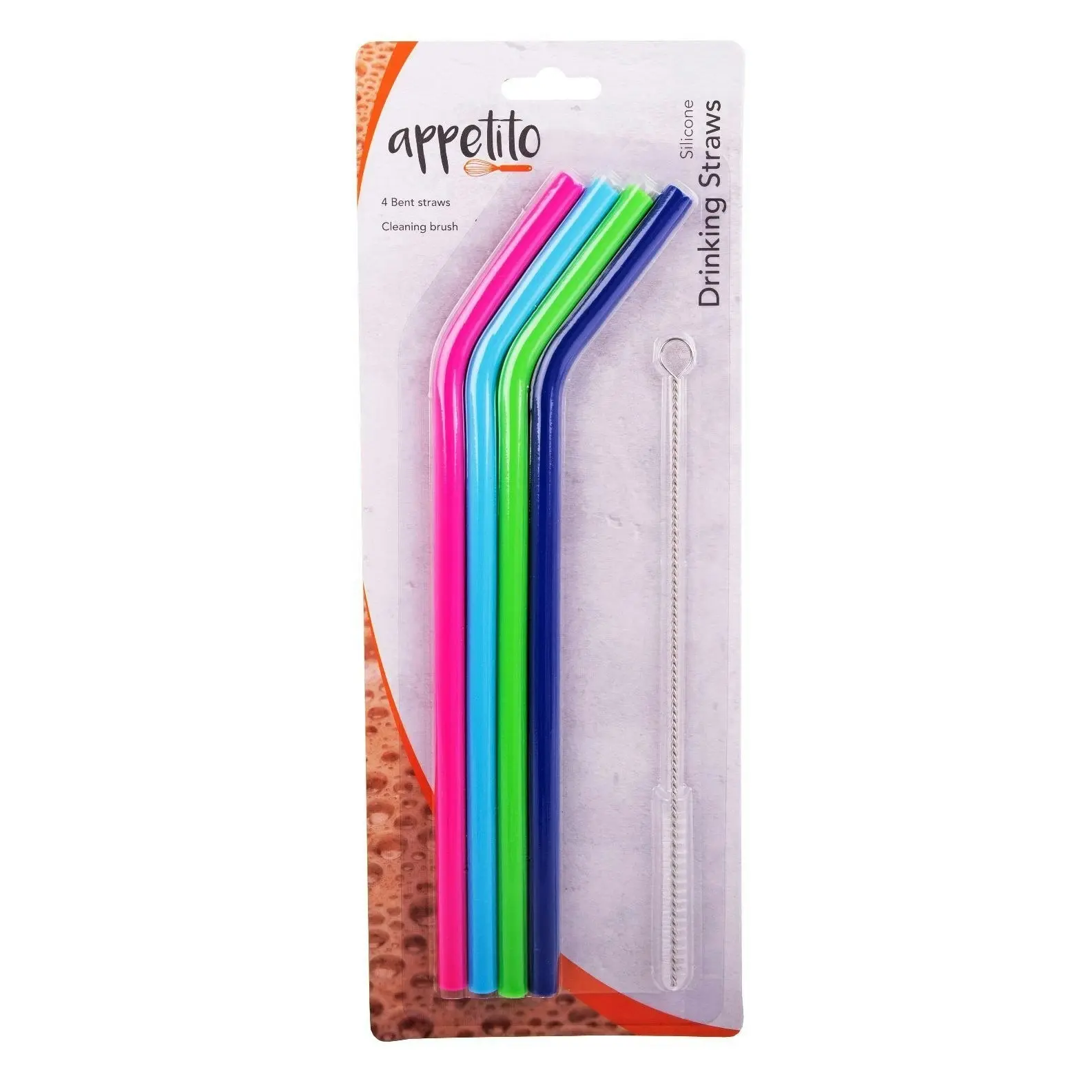 Appetito Set 4 Reusable Silicone Bent Drinking Straws + Cleaning Brush