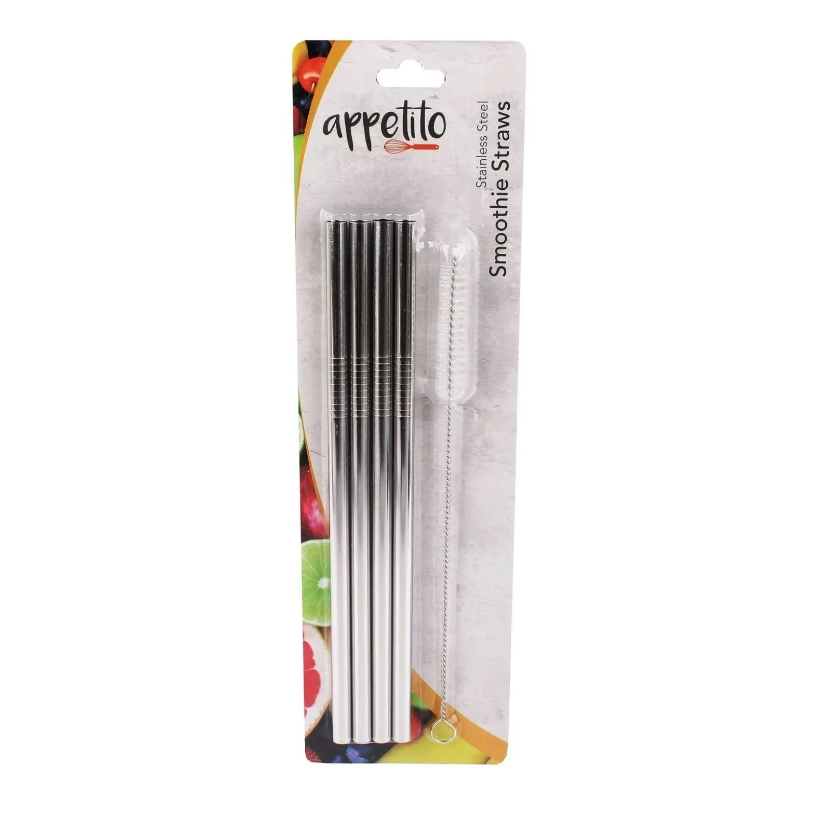 Appetito Set 4 Straight Stainless Steel Straws + Cleaning Brush