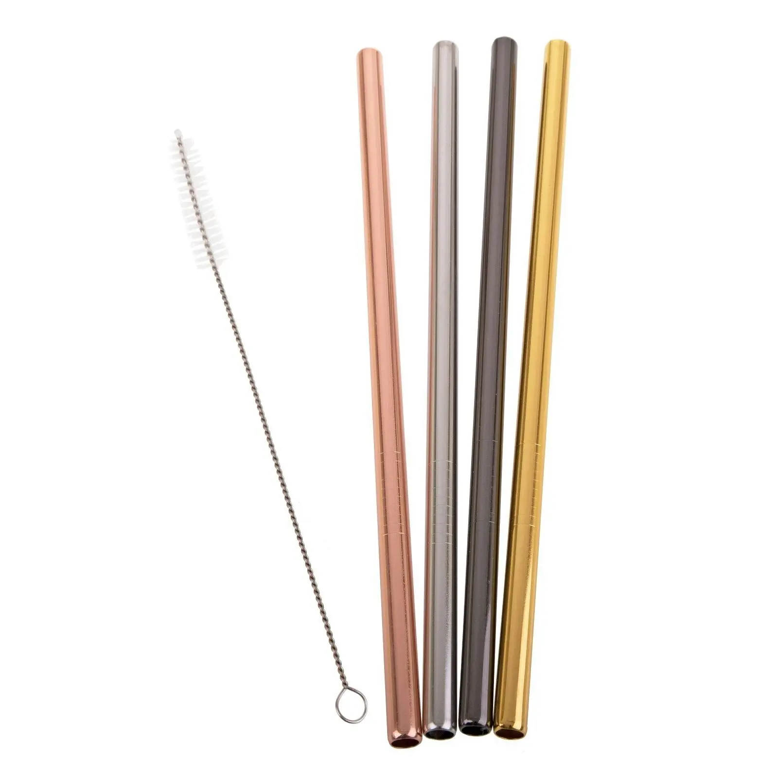 Appetito Set 4 Straight Metallic Stainless Steel Straws + Cleaning Brush