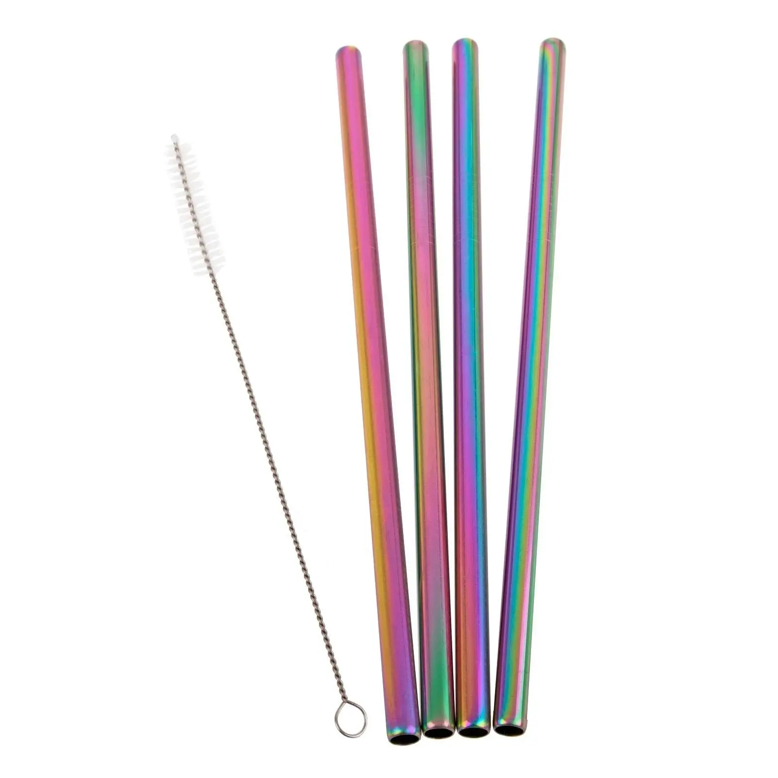 Appetito Set 4 Straight Metallic Rainbow Stainless Steel Straws + Cleaning Brush