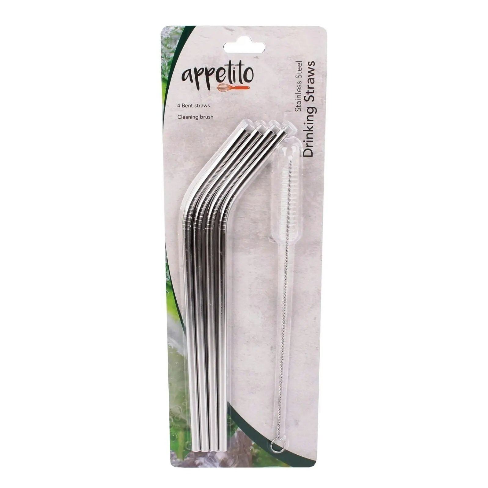 Appetito Set 4 Bent Stainless Steel Straws + Cleaning Brush