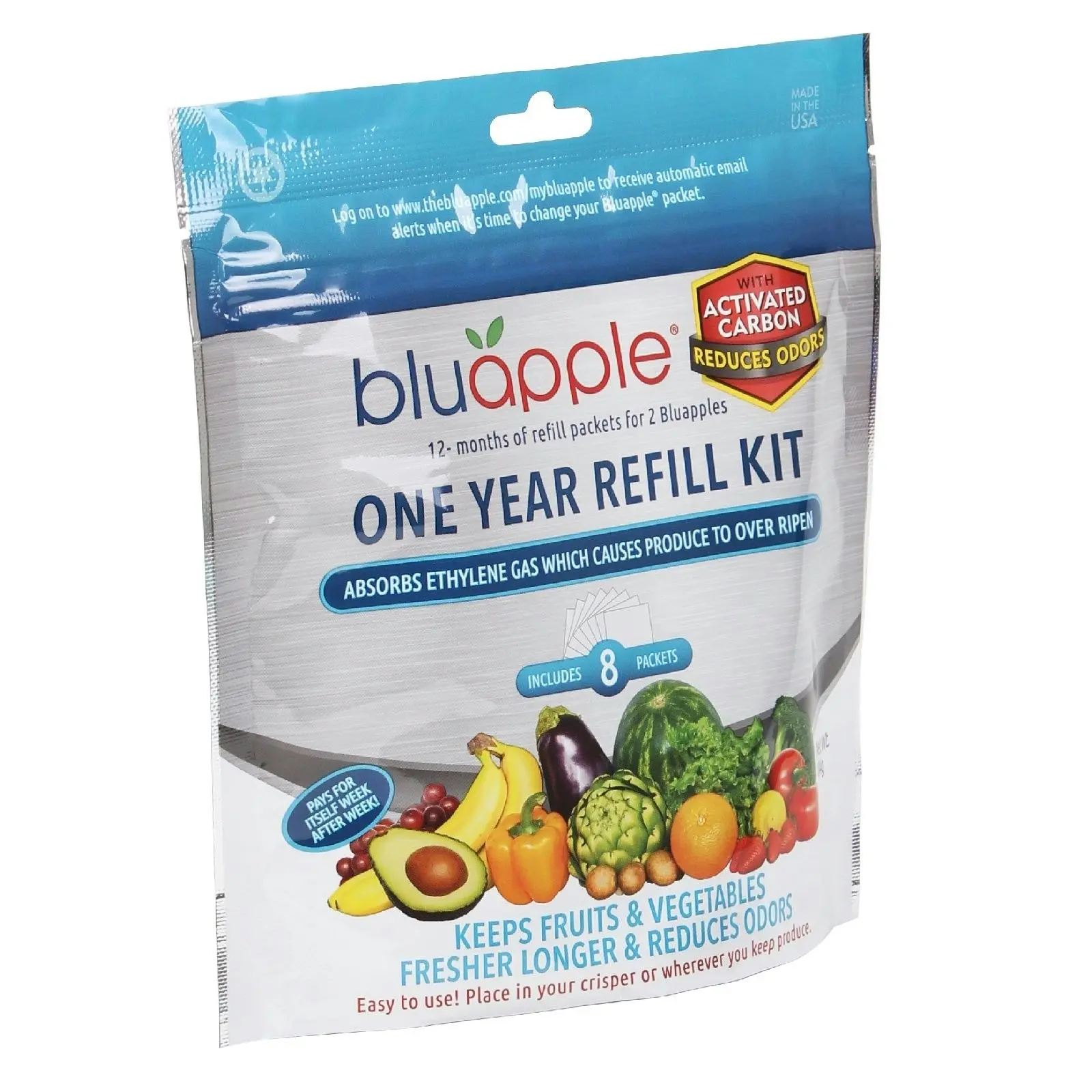 Bluapple Classic + Activated Carbon Fruit & Vegetable Life Extender 1 Year Refill Kit   8 Packets