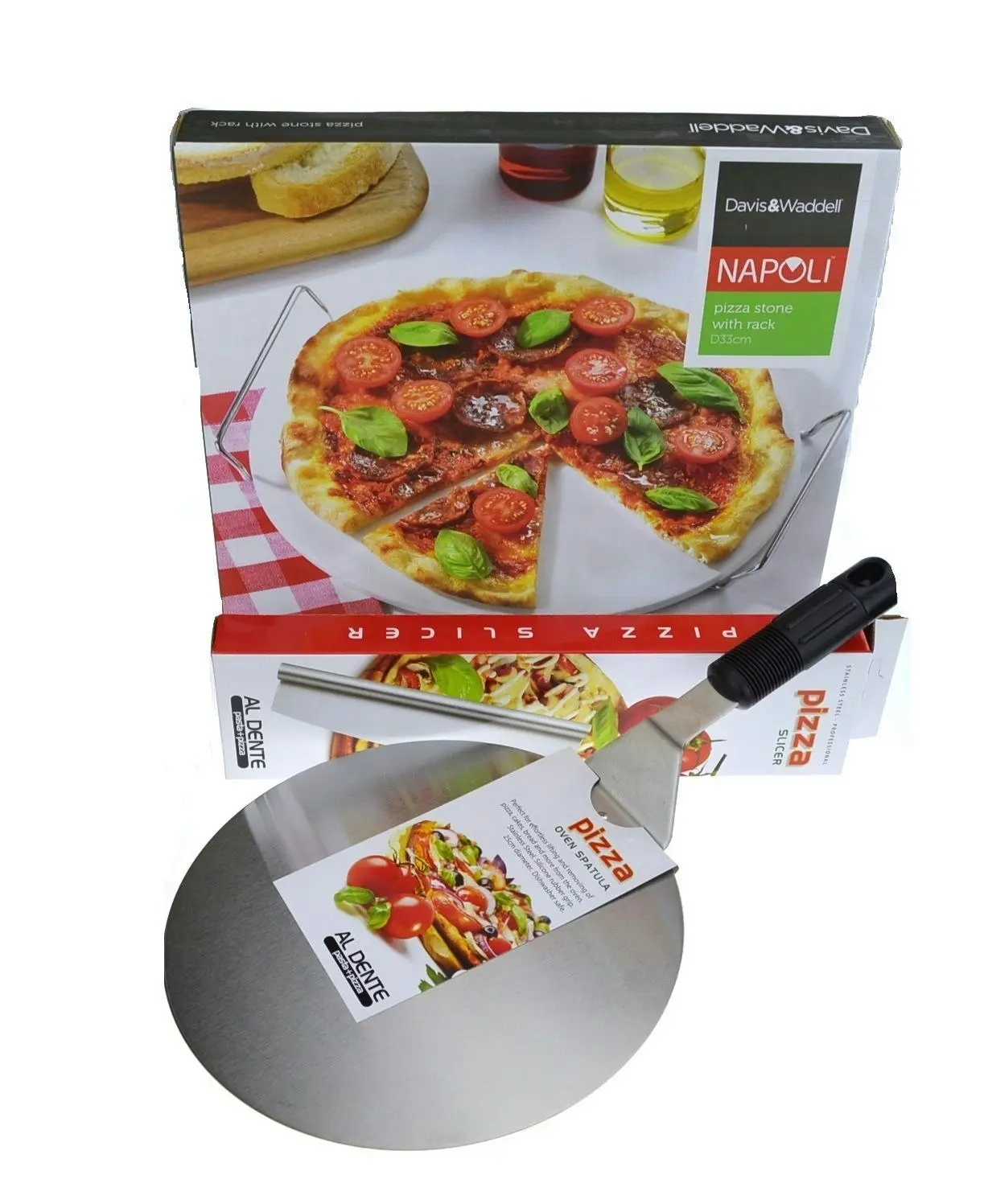 APPETITO 33cm PIZZA STONE + SERVING RACK + LIFTER + ROCKING CUTTER