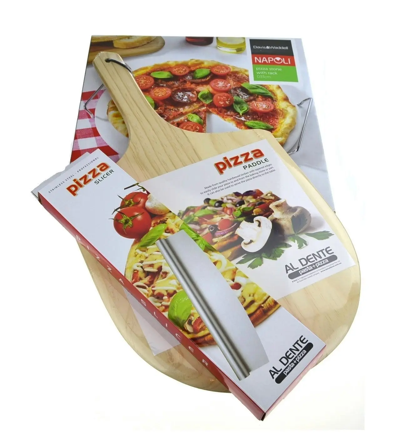 APPETITO 33cm PIZZA STONE + SERVING RACK + PADDLE + ROCKING CUTTER