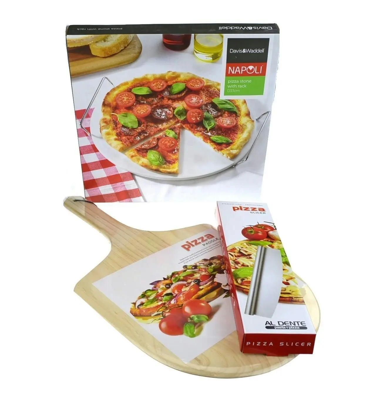 APPETITO 33cm PIZZA STONE + SERVING RACK + PADDLE + ROCKING CUTTER