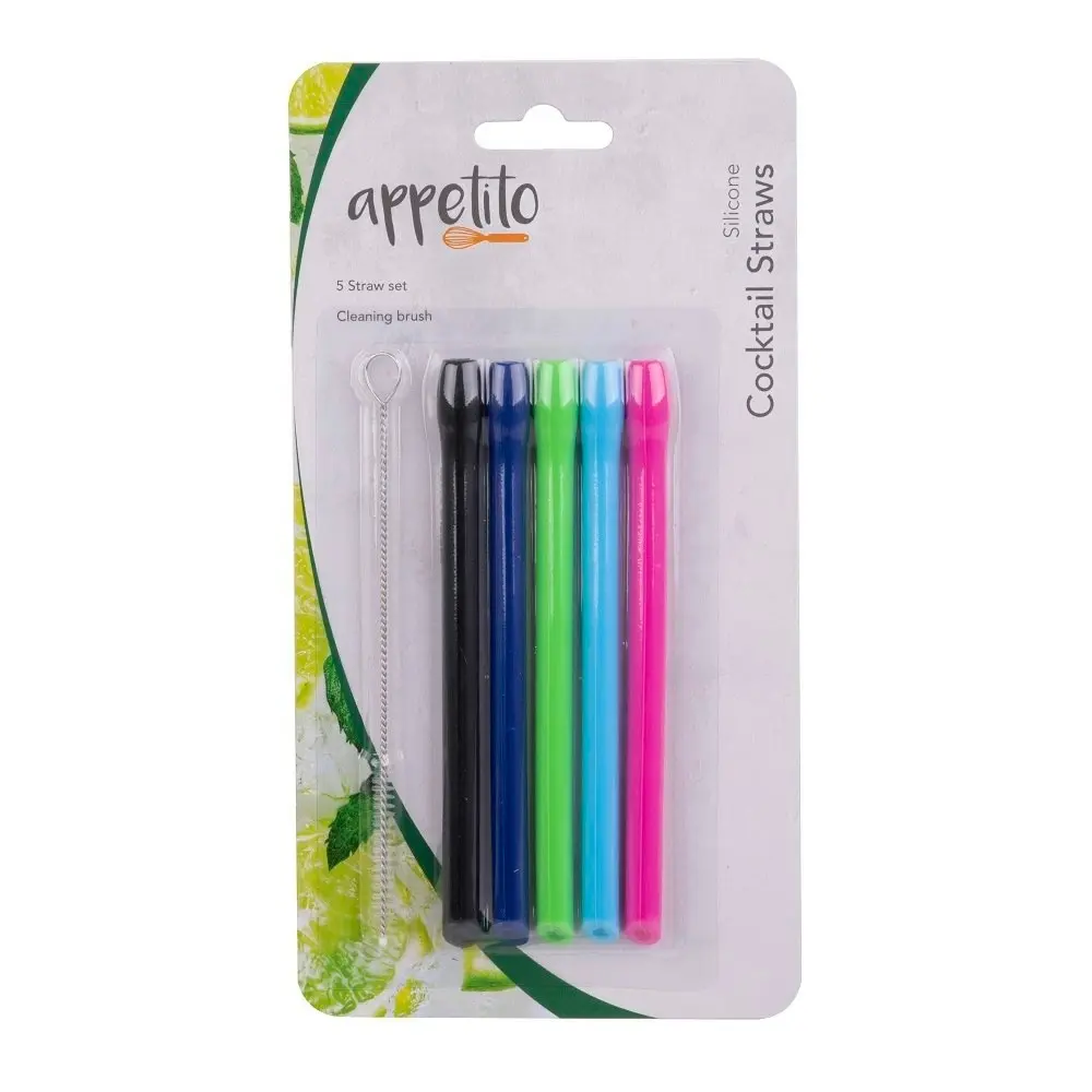 Appetito Set 5 Silicone Cocktail Straws + Cleaning Brush