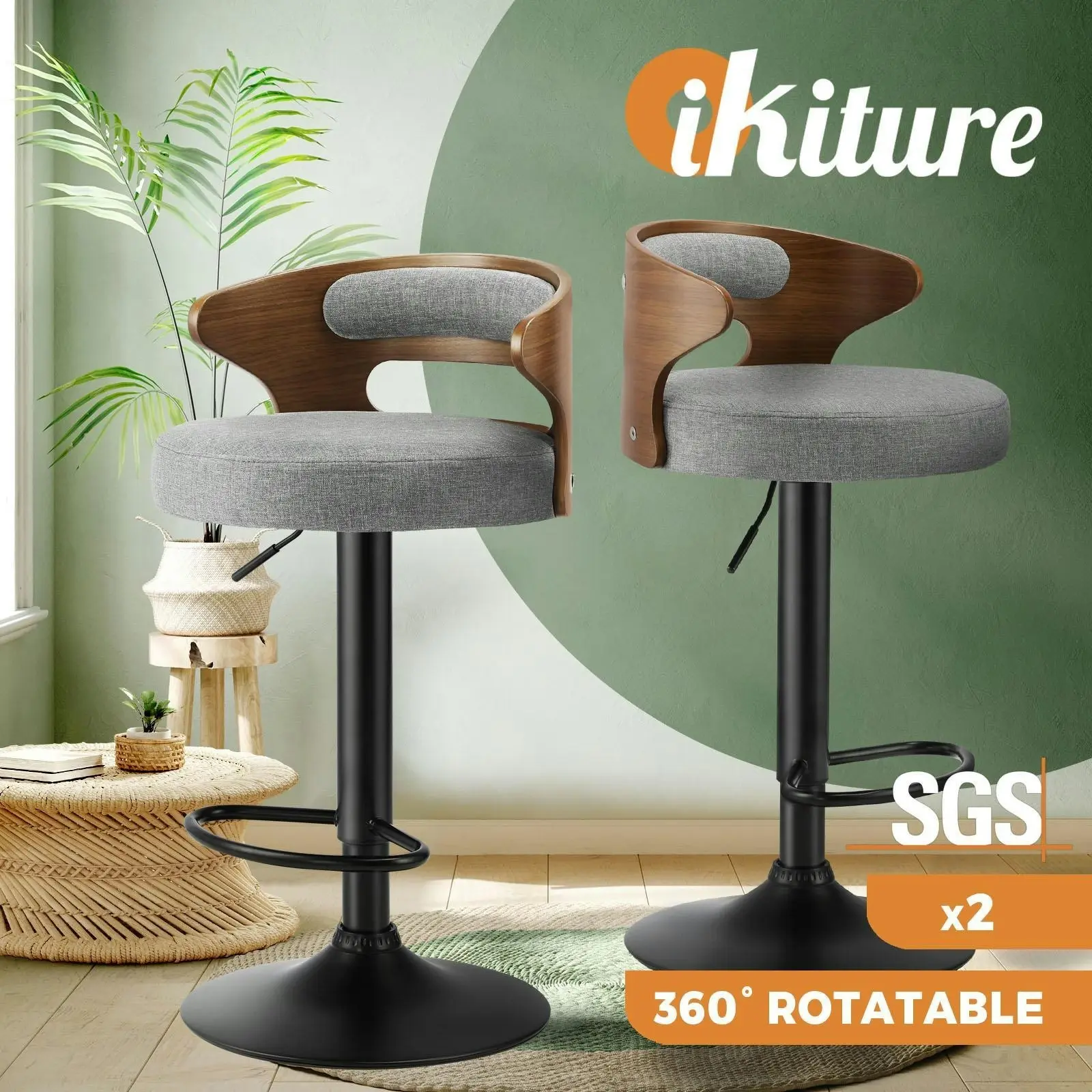 Oikiture Bar Stools Kitchen Gas Lift Swivel Chairs Stool Wooden Barstool Grey x2