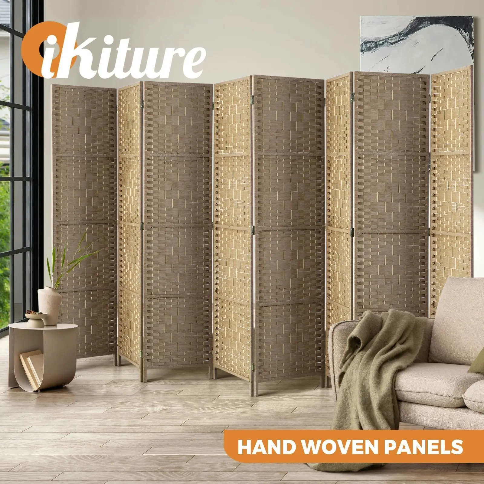 Oikiture 8 Panel Room Divider Privacy Screen Dividers Woven Wood Fold Stand