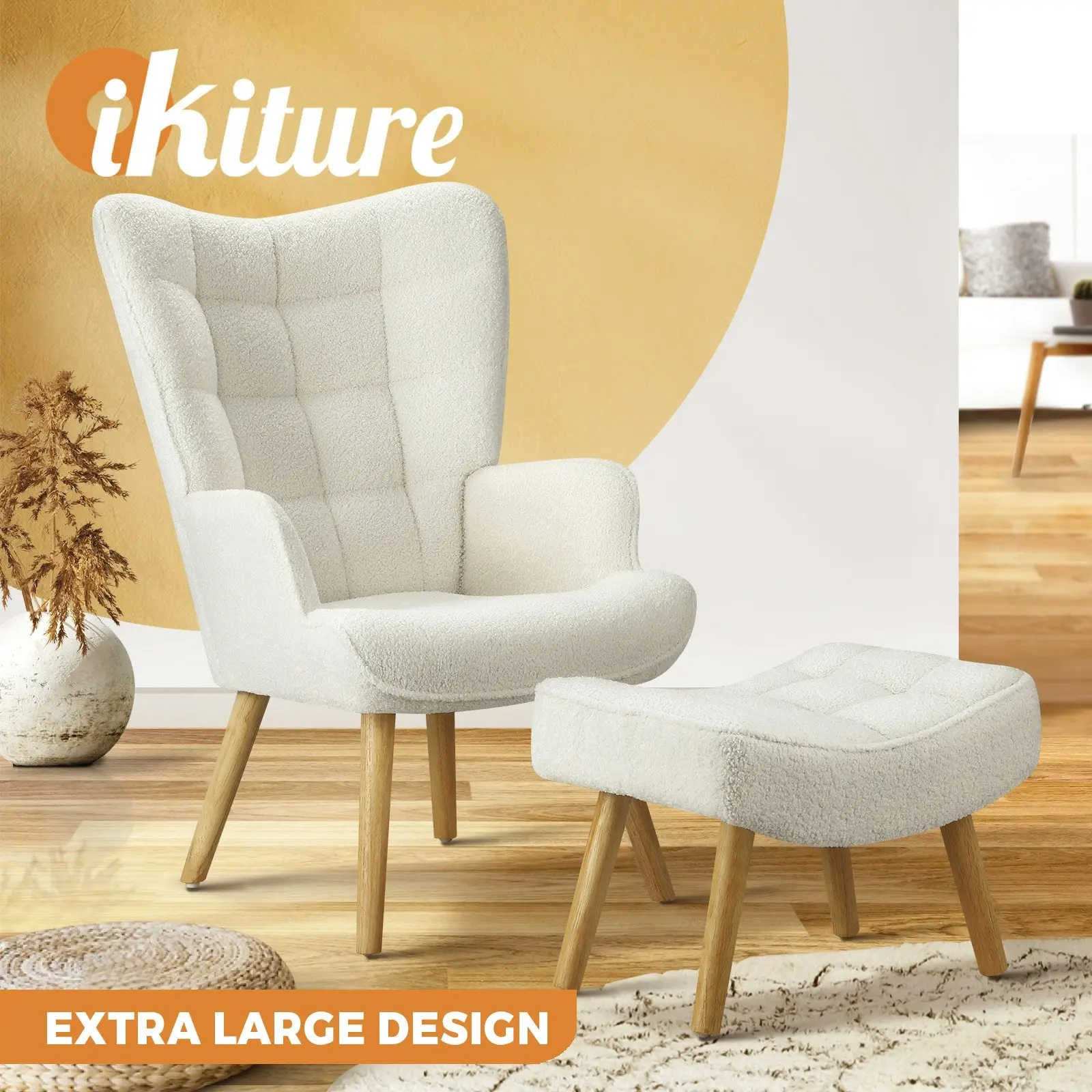 Oikiture Armchair Lounge Chair Ottoman Accent Armchairs Sherpa Sofa Chairs White