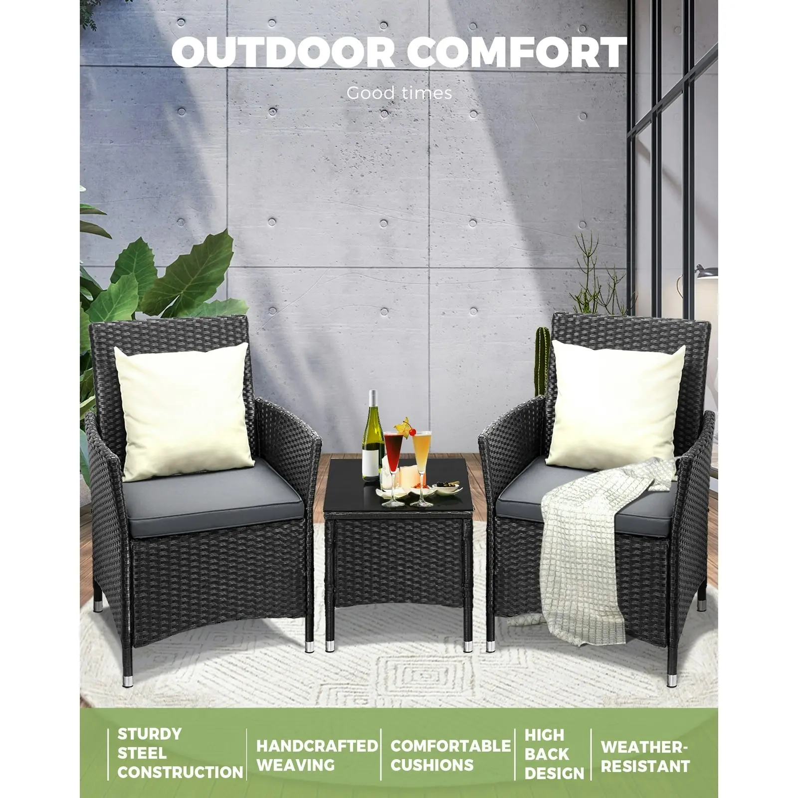 Livsip Outdoor Furniture 3 Piece Wicker Bistro Set Patio Chairs Table Garden