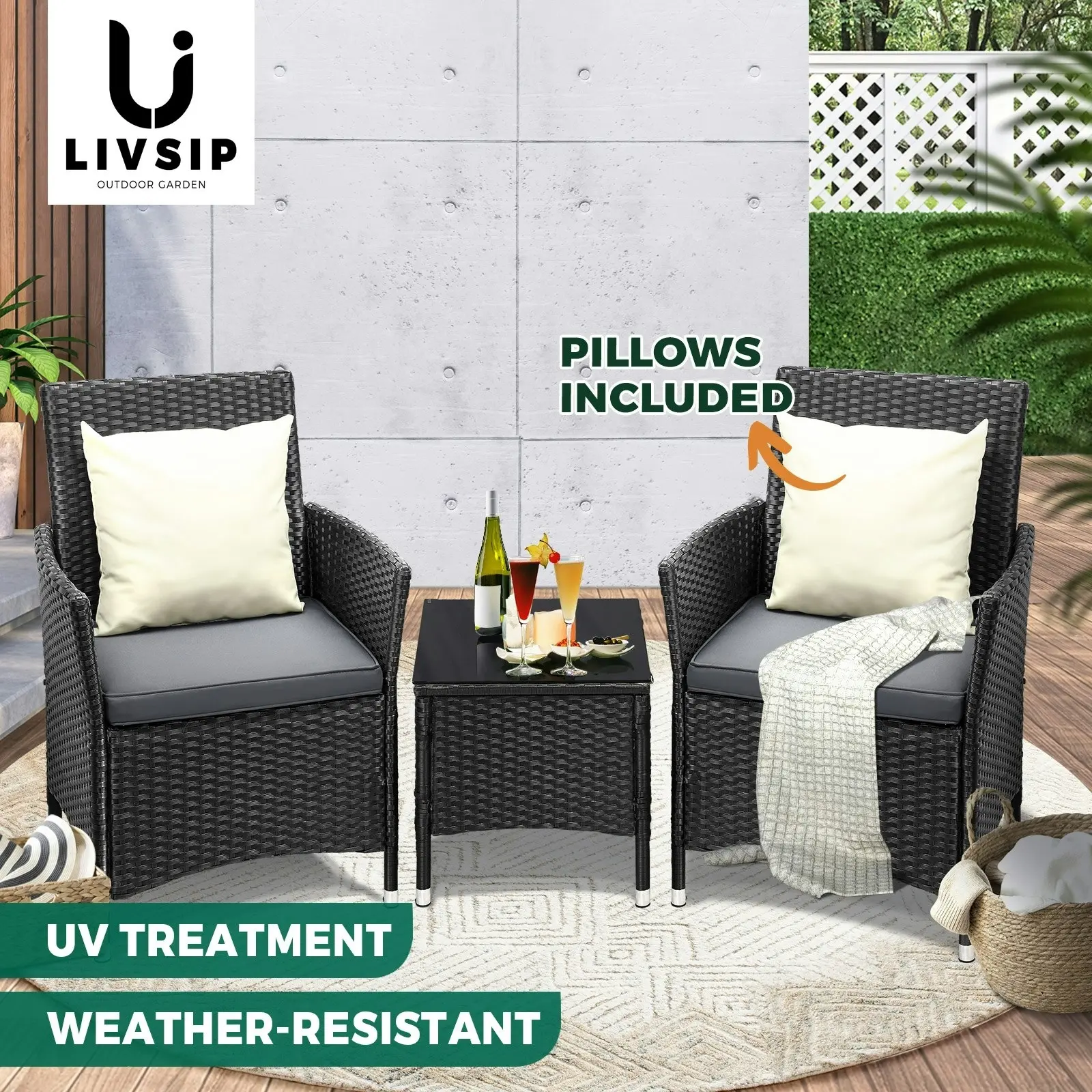 Livsip Outdoor Furniture 3 Piece Wicker Bistro Set Patio Chairs Table Garden