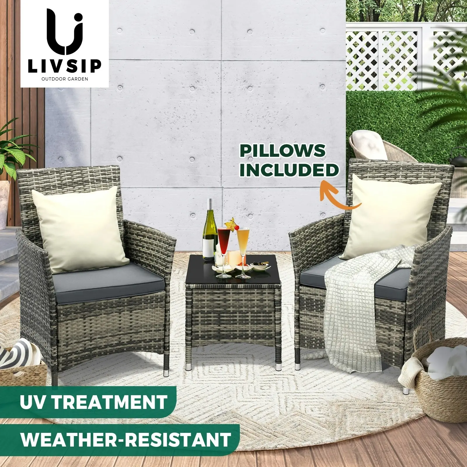 Livsip Outdoor Furniture Setting 3 Piece Wicker Bistro Set Patio Chairs Table