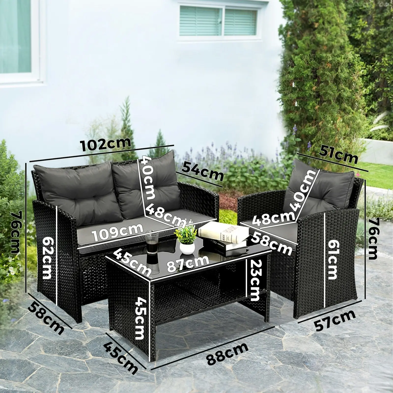 Livsip Outdoor Furniture 4 Piece Wicker Sofa Chair Table Dining Lounge Set