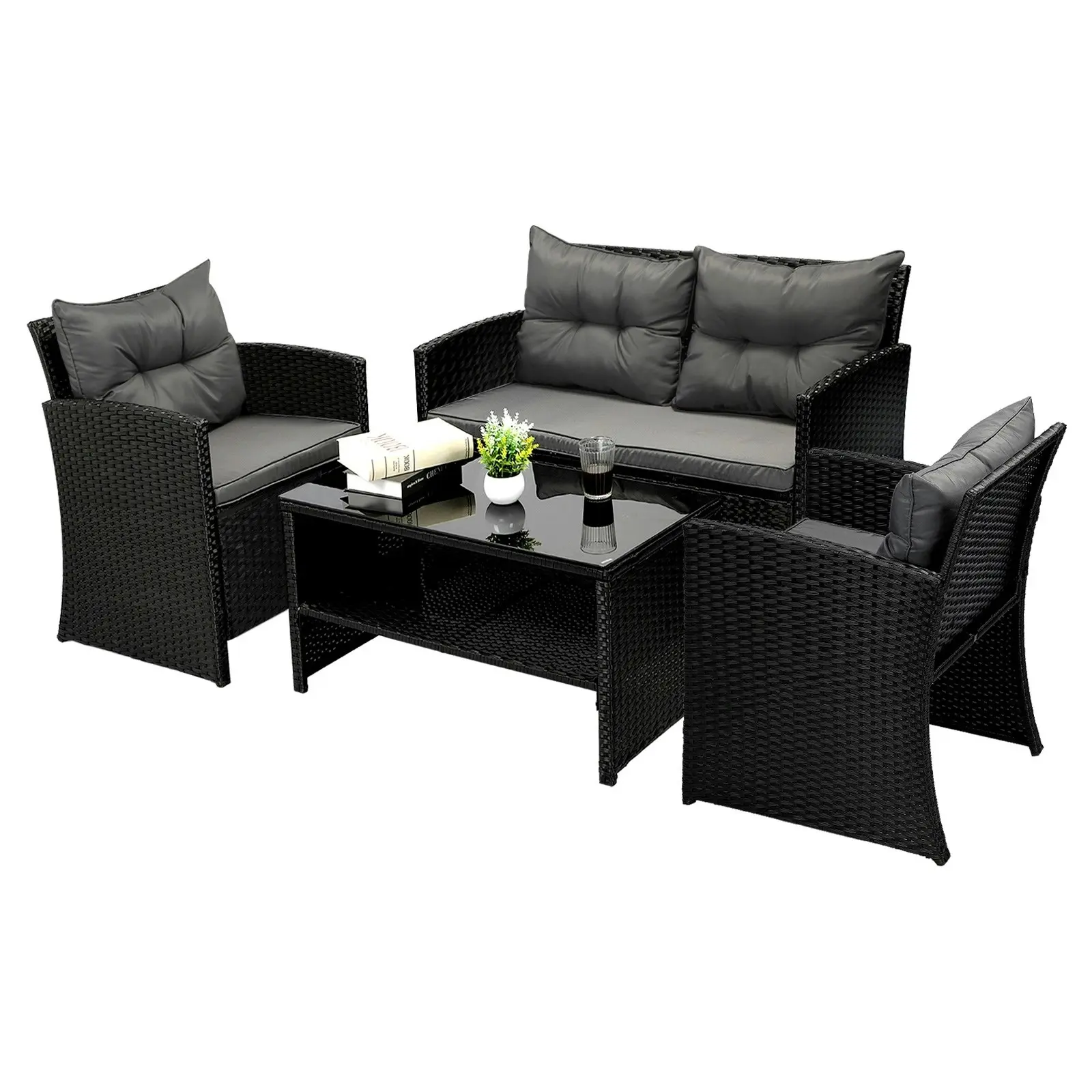 Livsip Outdoor Furniture 4 Piece Wicker Sofa Chair Table Dining Lounge Set