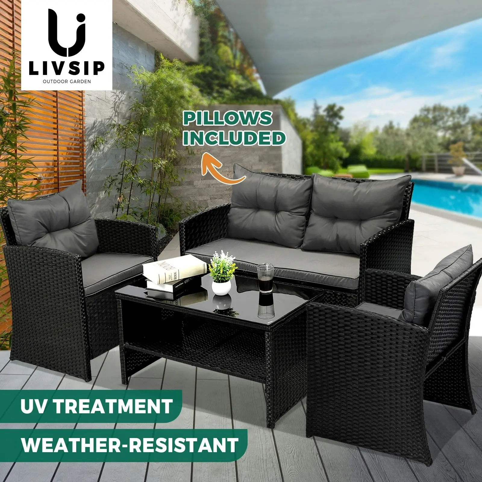 Livsip Outdoor Furniture 4 Piece Wicker Sofa Chair Table Dining Lounge Set