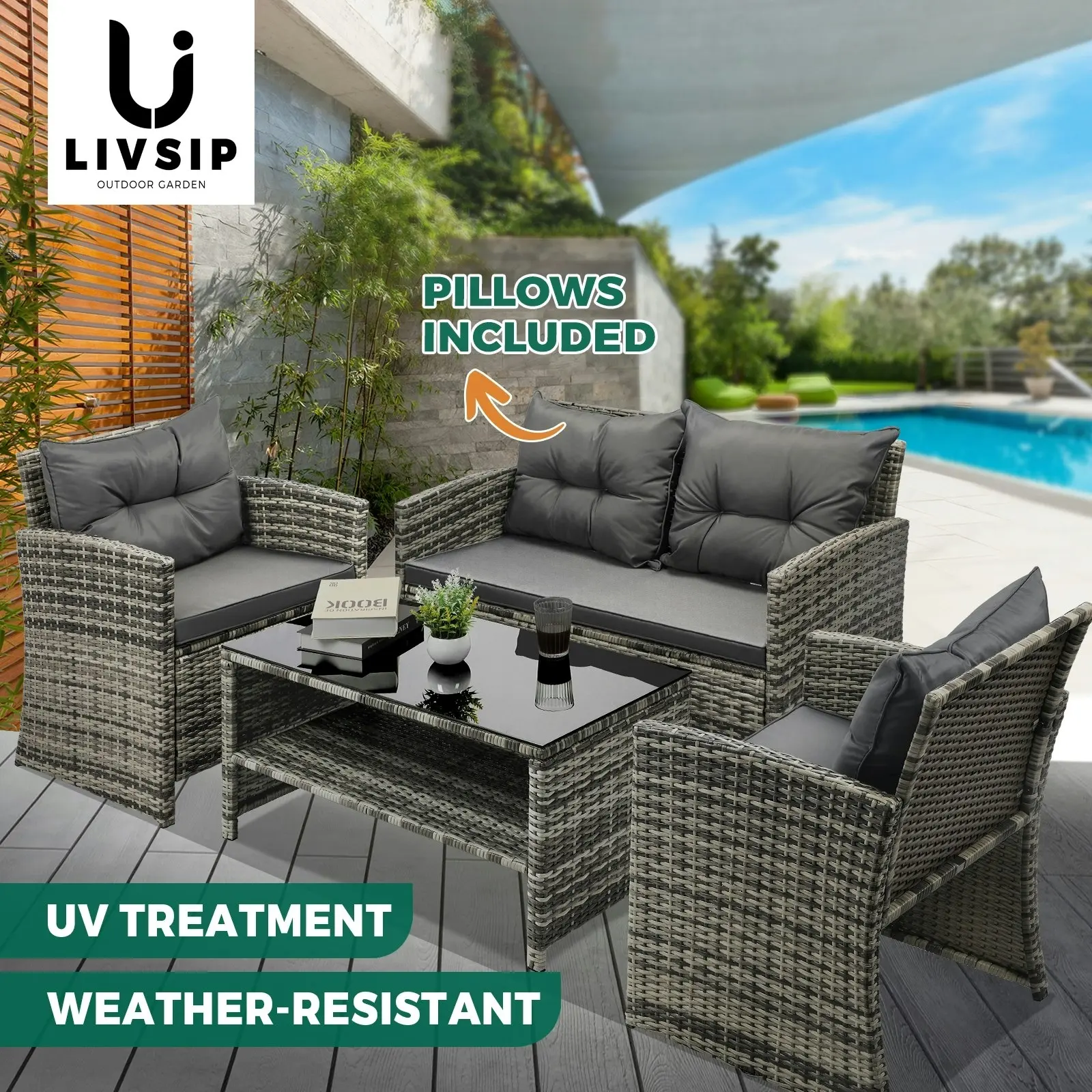 Livsip Outdoor Lounge Set Patio Furniture Dining Chairs Wicker Table 4 Piece