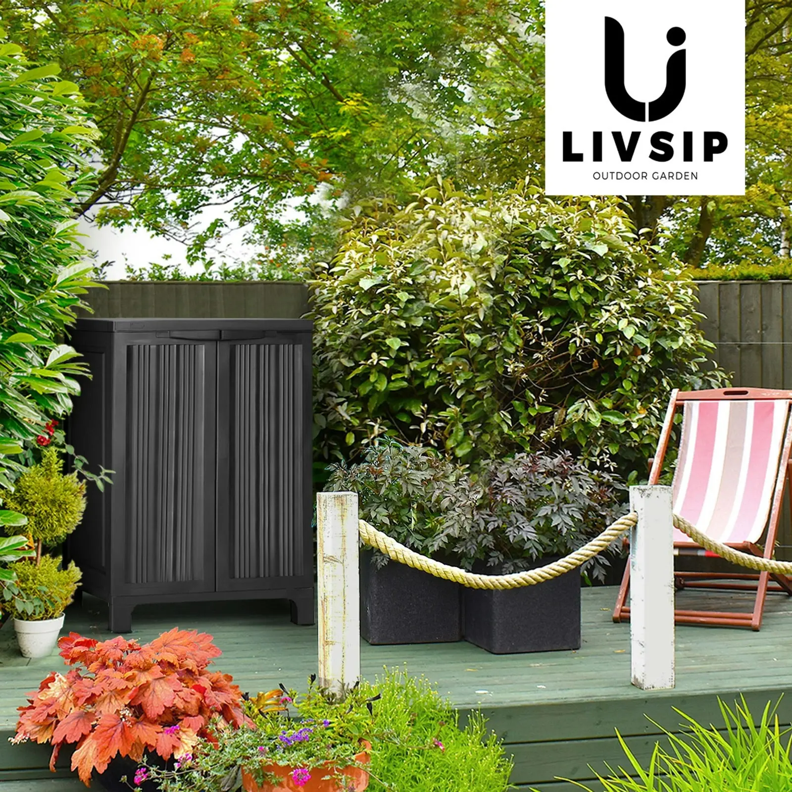 Livsip Outdoor Storage Cabinet Box Garden Garage Cupboard Adjustable Lockable Black