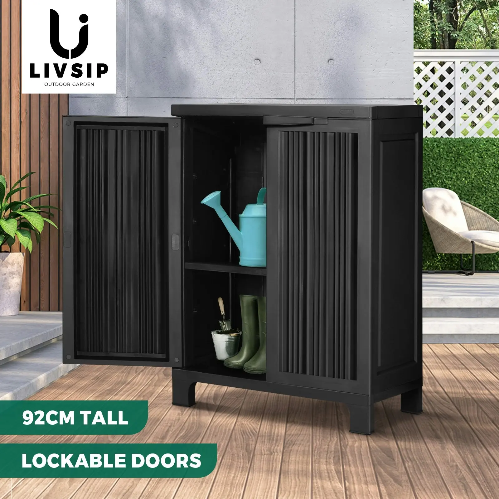 Livsip Outdoor Storage Cabinet Box Garden Garage Cupboard Adjustable Lockable Black