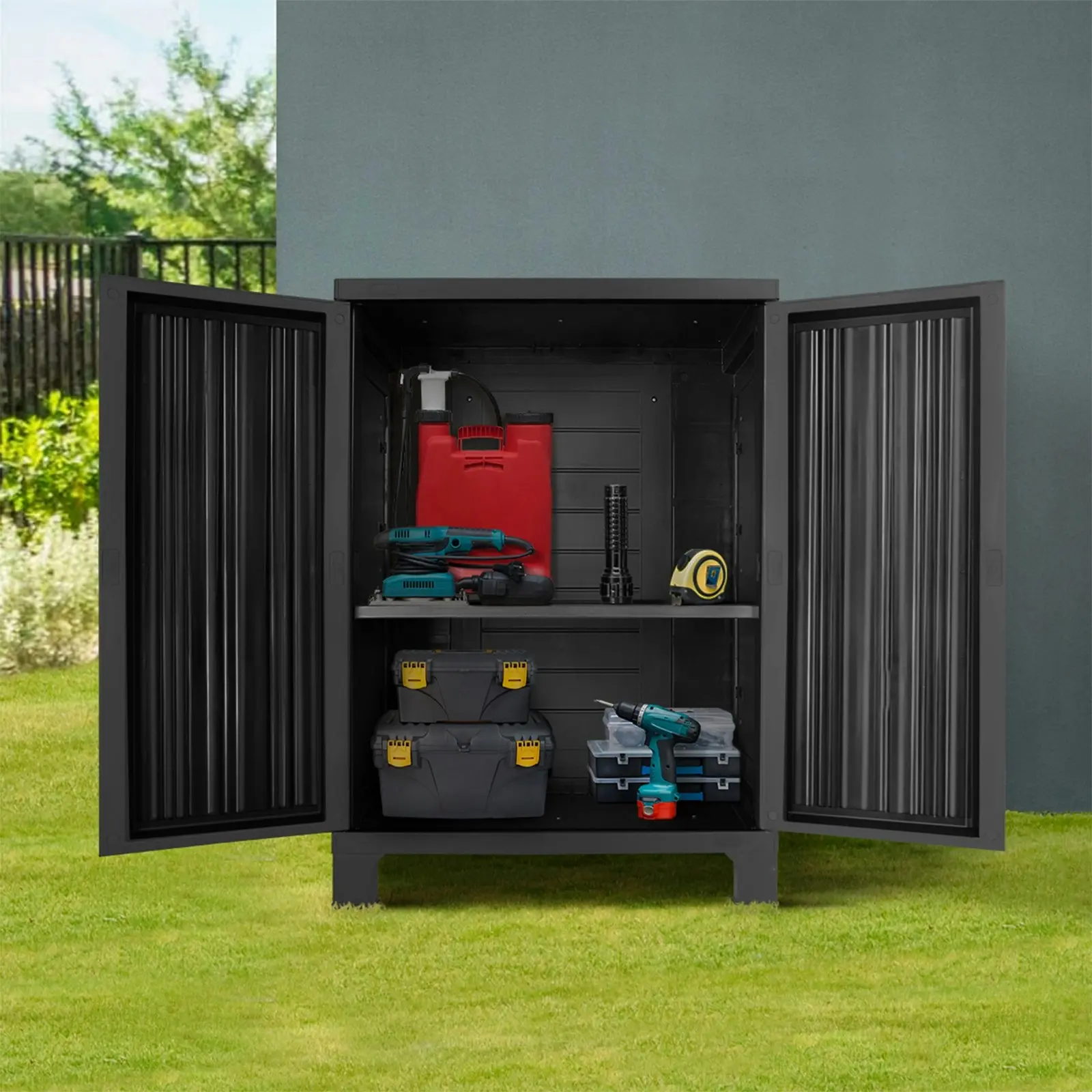 Livsip Outdoor Storage Cabinet Box Garden Garage Cupboard Adjustable Lockable Black